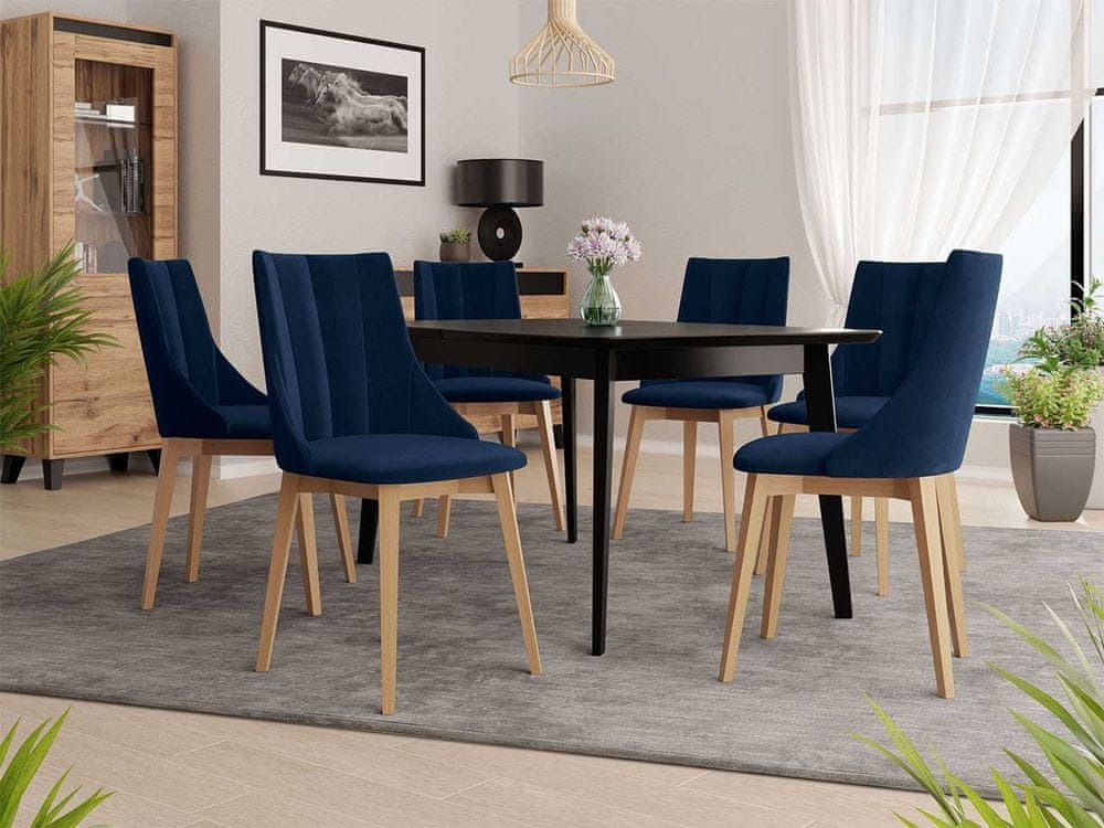 Veneti Rozkladací jedálenský stôl so 6 stoličkami NOWEN 2 - čierny / prírodné drevo / modrý
